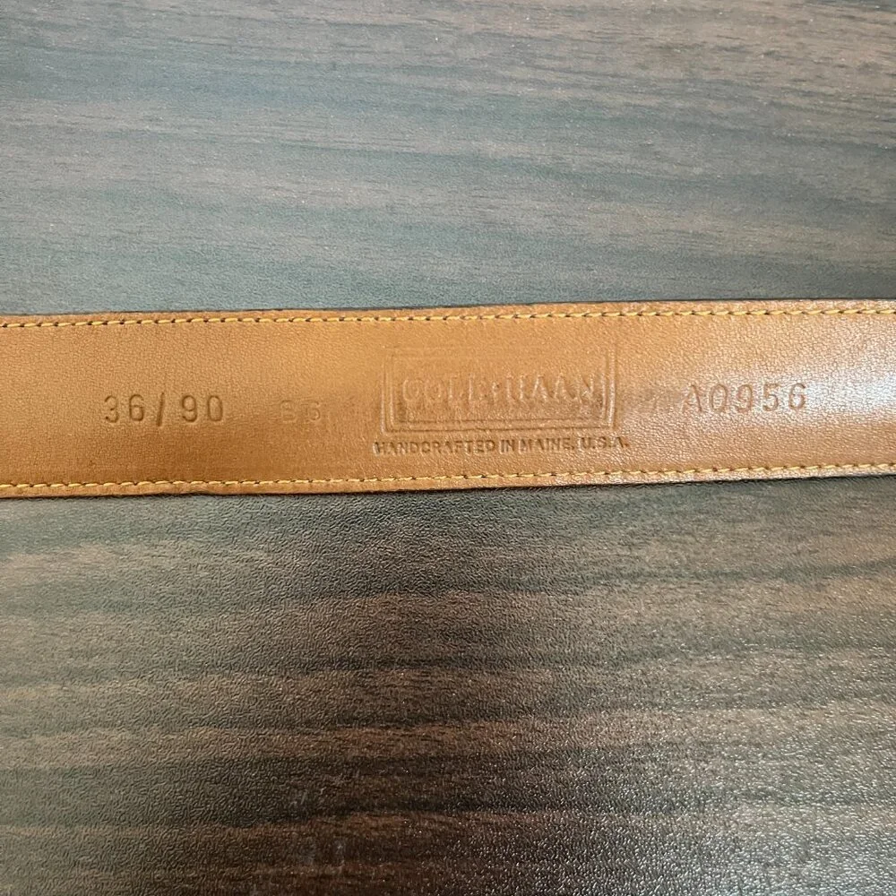Cole Haan Men’s Brown Grey Leather Brass Buckle Belt Quiet Luxury Sz 36/90